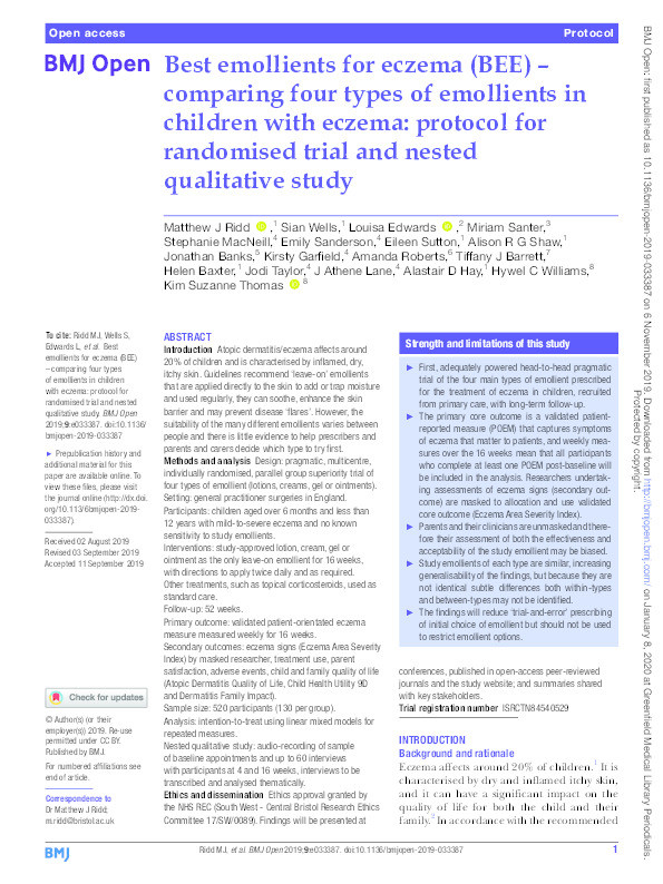 Best emollients for eczema (BEE) – comparing four types of emollients in children with eczema: protocol for randomised trial and nested qualitative study Thumbnail