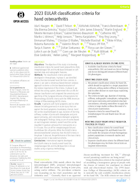 2023 EULAR classification criteria for hand osteoarthritis Thumbnail