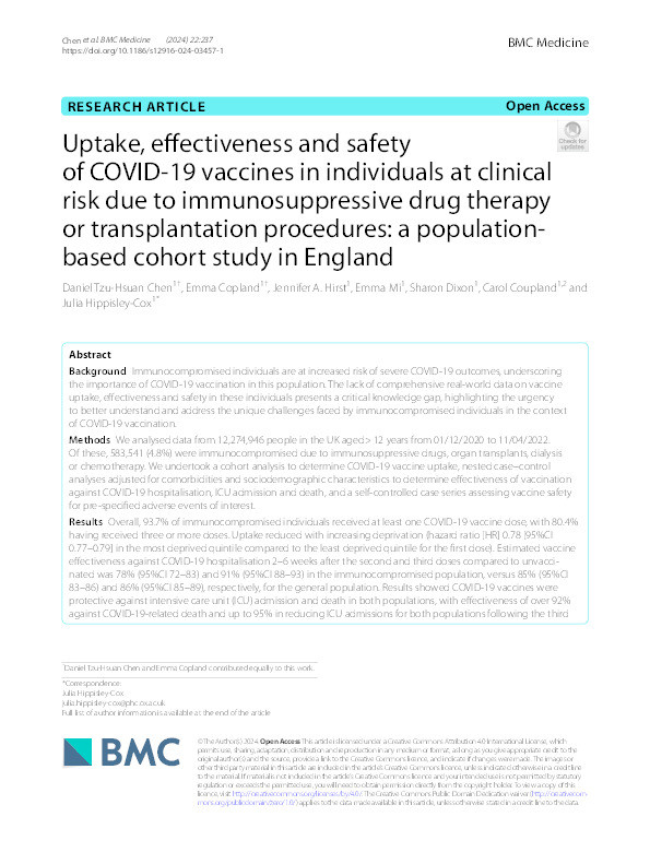 Uptake, effectiveness and safety of COVID-19 vaccines in individuals at clinical risk due to immunosuppressive drug therapy or transplantation procedures: a population-based cohort study in England Thumbnail