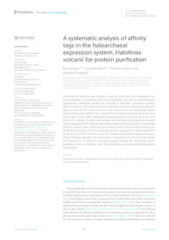 A systematic analysis of affinity tags in the haloarchaeal expression system, Haloferax volcanii for protein purification Thumbnail