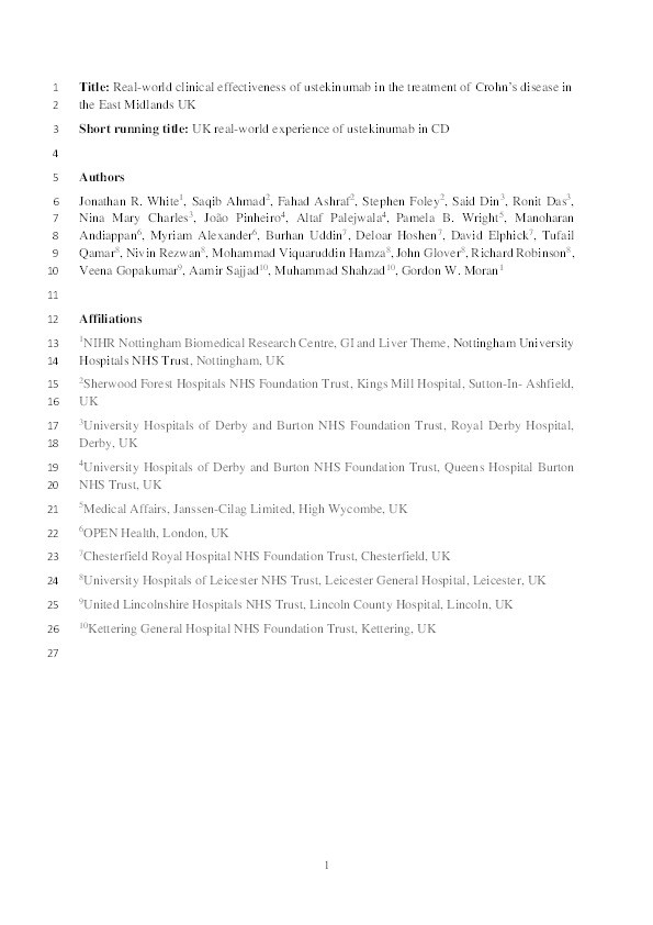 Real-world clinical effectiveness of ustekinumab in the treatment of Crohn’s disease in the East Midlands UK Thumbnail