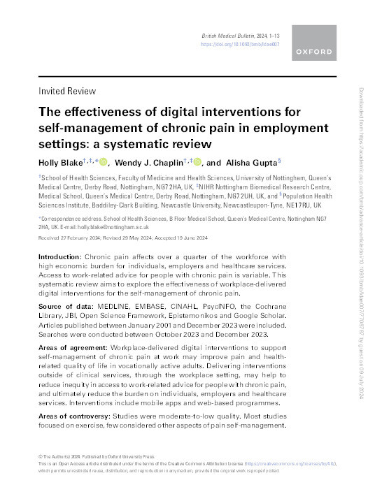 The effectiveness of digital interventions for self-management of chronic pain in employment settings: a systematic review Thumbnail