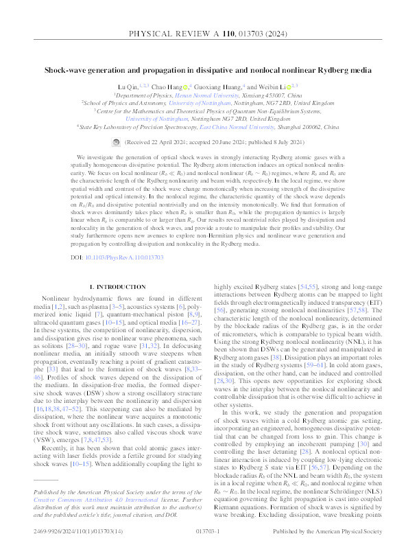 Shock wave generation and propagation in dissipative and nonlocal nonlinear Rydberg media Thumbnail