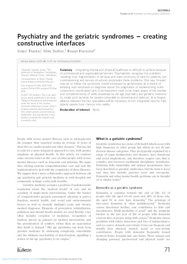 Psychiatry and the geriatric syndromes - Creating constructive interfaces Thumbnail