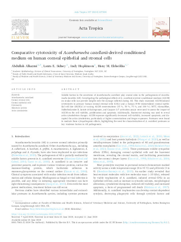 Comparative cytotoxicity of Acanthamoeba castellanii-derived conditioned medium on human corneal epithelial and stromal cells Thumbnail