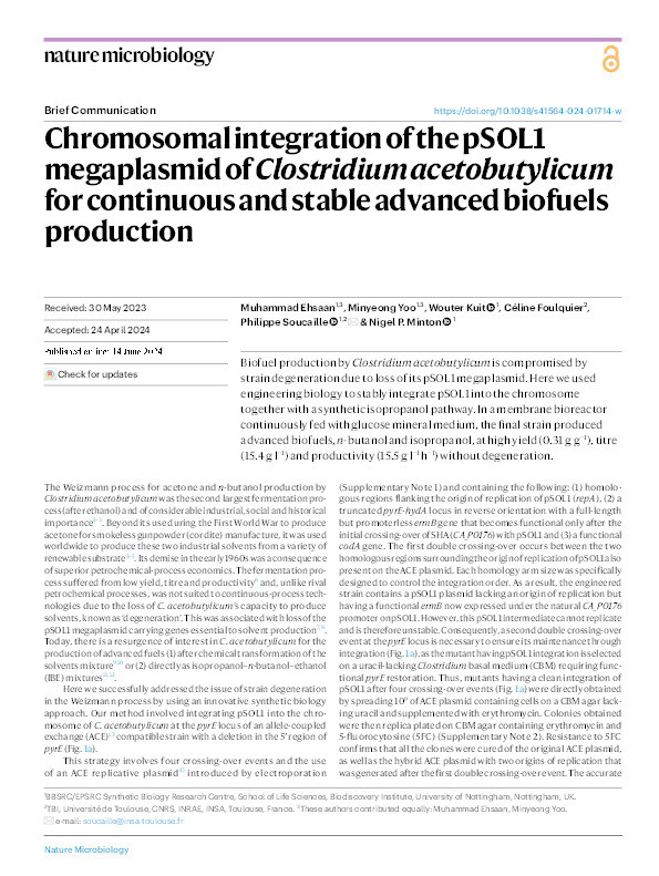 Chromosomal integration of the pSOL1 megaplasmid of Clostridium acetobutylicum for continuous and stable advanced biofuels production Thumbnail