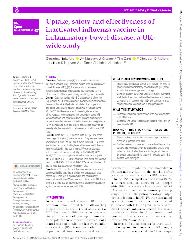 Uptake, safety and effectiveness of inactivated influenza vaccine in inflammatory bowel disease: a UK-wide study Thumbnail