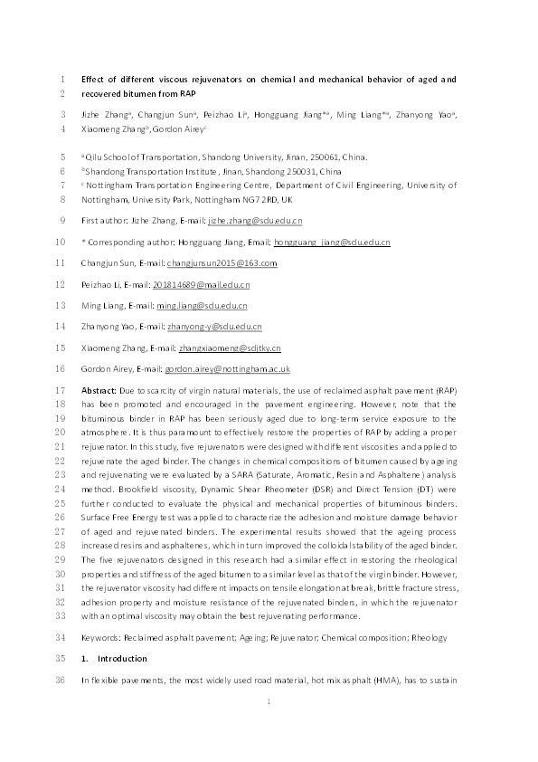 Effect of different viscous rejuvenators on chemical and mechanical behavior of aged and recovered bitumen from RAP Thumbnail