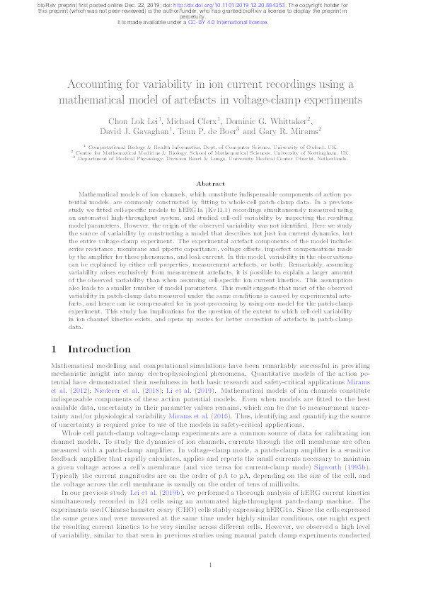 Accounting for variability in ion current recordings using a mathematical model of artefacts in voltage-clamp experiments Thumbnail