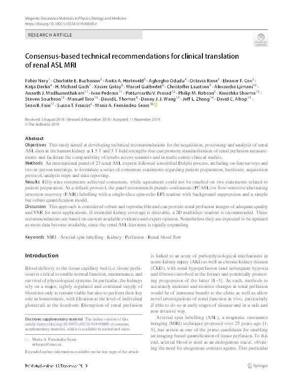 Consensus-based technical recommendations for clinical translation of renal ASL MRI Thumbnail