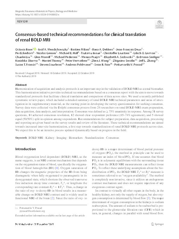 Consensus-based technical recommendations for clinical translation of renal BOLD MRI Thumbnail