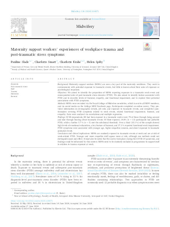 Maternity support workers’ experiences of workplace trauma and post-traumatic stress symptoms Thumbnail