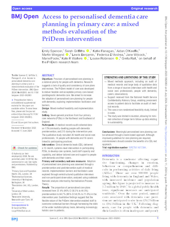 Access to personalised dementia care planning in primary care: a mixed methods evaluation of the PriDem intervention Thumbnail