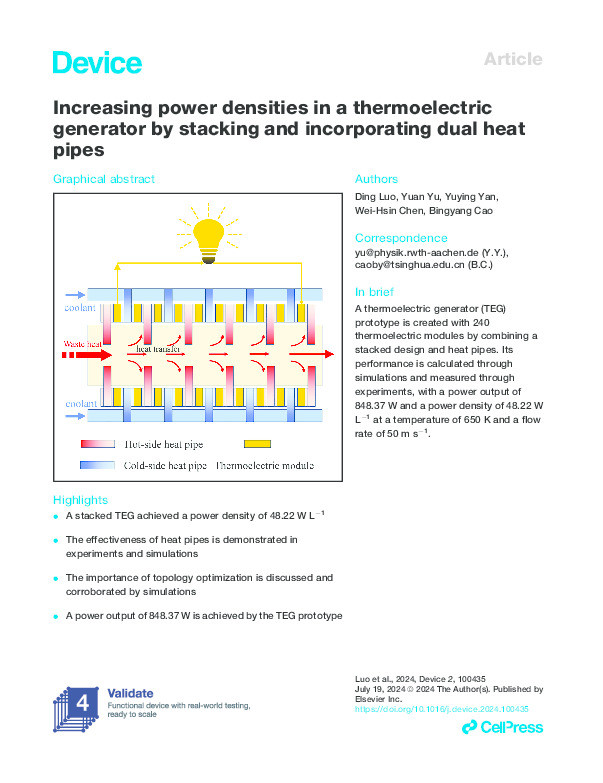 Increasing power densities in a thermoelectric generator by stacking and incorporating dual heat pipes Thumbnail