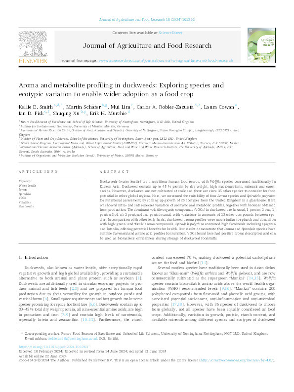 Aroma and metabolite profiling in duckweeds: exploring species and ecotypic variation to enable wider adoption as a food crop Thumbnail