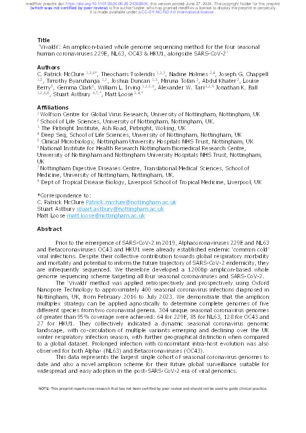 Vivaldi: An amplicon-based whole genome sequencing method for the four seasonal human coronaviruses 229E, NL63, OC43 & HKU1, alongside SARS-CoV-2 Thumbnail