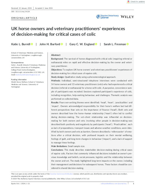 UK horse owners and veterinary practitioners' experiences of decision‐making for critical cases of colic Thumbnail