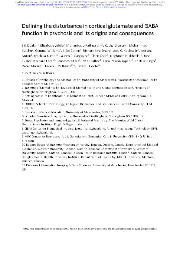 Defining the disturbance in cortical glutamate and GABA function in psychosis and its origins and consequences Thumbnail