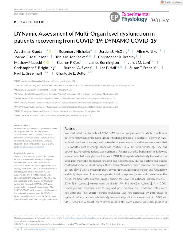 DYNamic Assessment of Multi‐Organ level dysfunction in patients recovering from COVID‐19: DYNAMO COVID‐19 Thumbnail