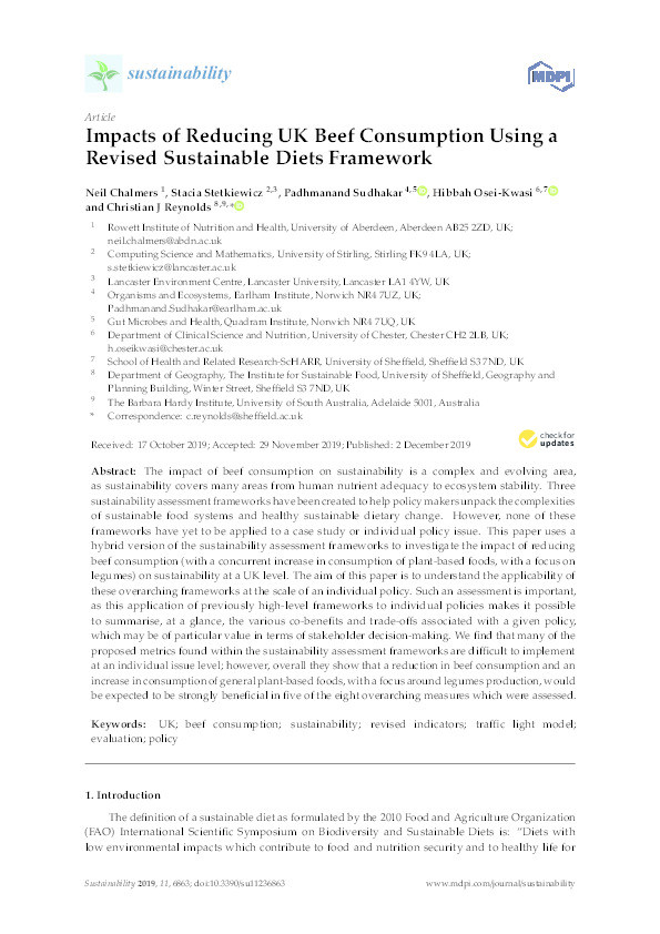 Impacts of Reducing UK Beef Consumption Using a Revised Sustainable Diets Framework Thumbnail