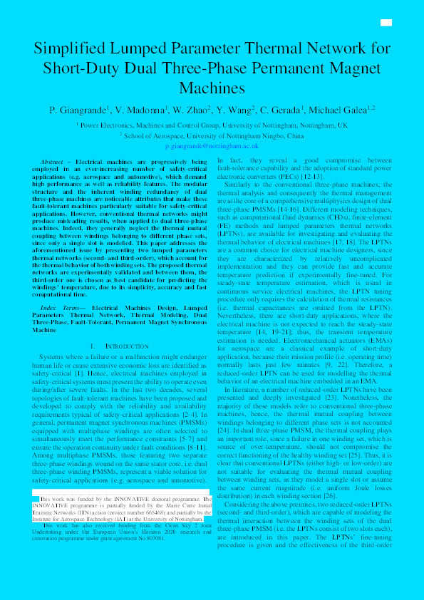 Simplified Lumped Parameter Thermal Network for Short-Duty Dual Three-Phase Permanent Magnet Machines Thumbnail