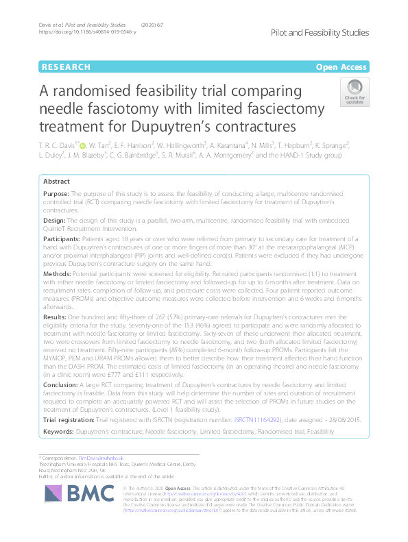 A randomised feasibility trial comparing needle fasciotomy with limited fasciectomy treatment for Dupuytren’s contractures Thumbnail
