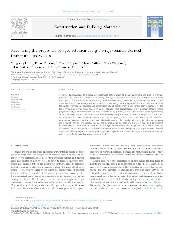 Recovering the properties of aged bitumen using bio-rejuvenators derived from municipal wastes Thumbnail