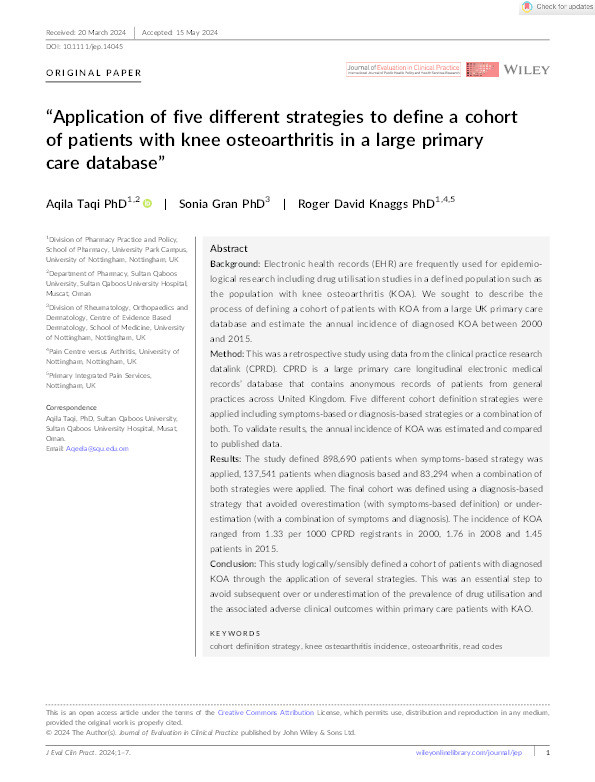 “Application of five different strategies to define a cohort of patients with knee osteoarthritis in a large primary care database” Thumbnail