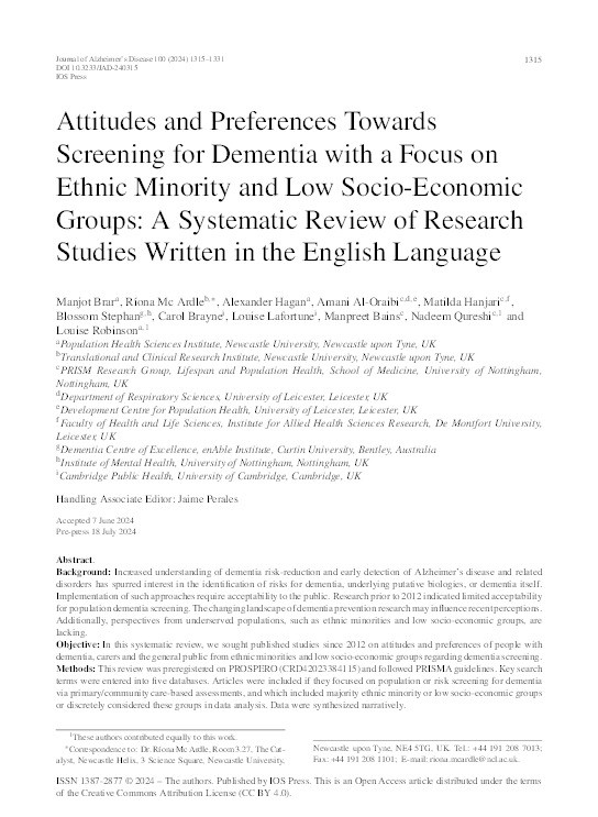 Attitudes and Preferences Towards Screening for Dementia with a Focus on Ethnic Minority and Low Socio-Economic Groups: A Systematic Review of Research Studies Written in the English Language Thumbnail