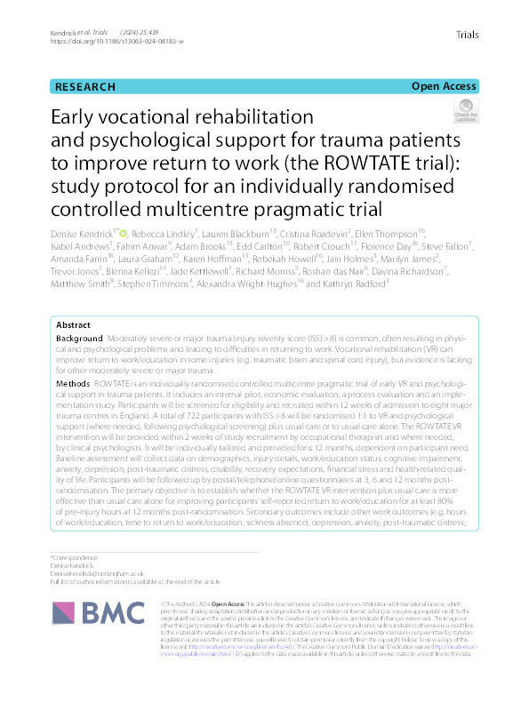 Early vocational rehabilitation and psychological support for trauma patients to improve return to work (the ROWTATE trial): study protocol for an individually randomised controlled multicentre pragmatic trial Thumbnail