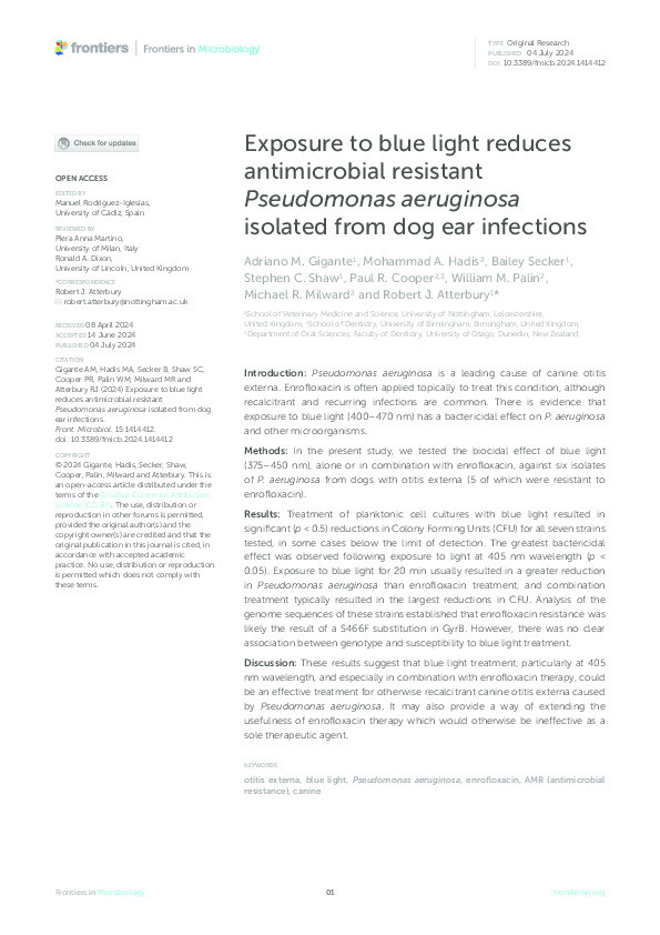 Exposure to blue light reduces antimicrobial resistant Pseudomonas aeruginosa isolated from dog ear infections Thumbnail