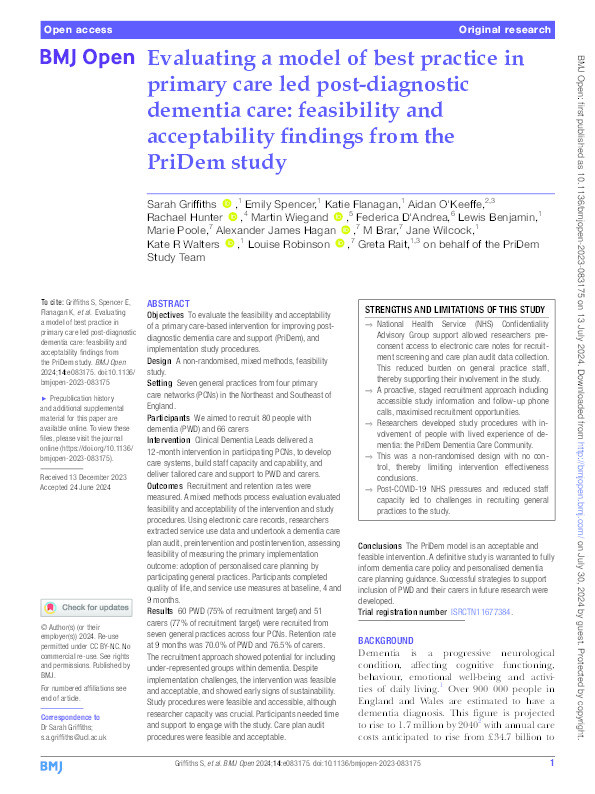 Evaluating a model of best practice in primary care led post-diagnostic dementia care: feasibility and acceptability findings from the PriDem study Thumbnail