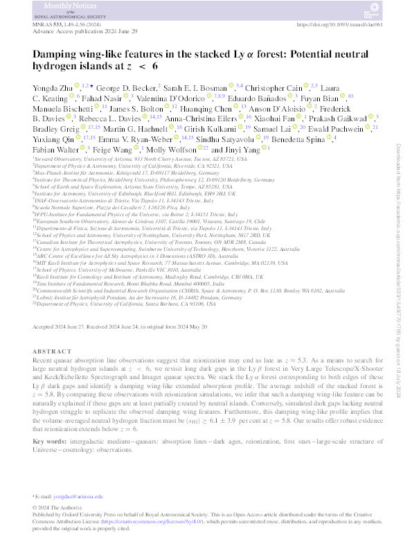 Damping wing-like features in the stacked Ly α forest: Potential neutral hydrogen islands at z < 6 Thumbnail