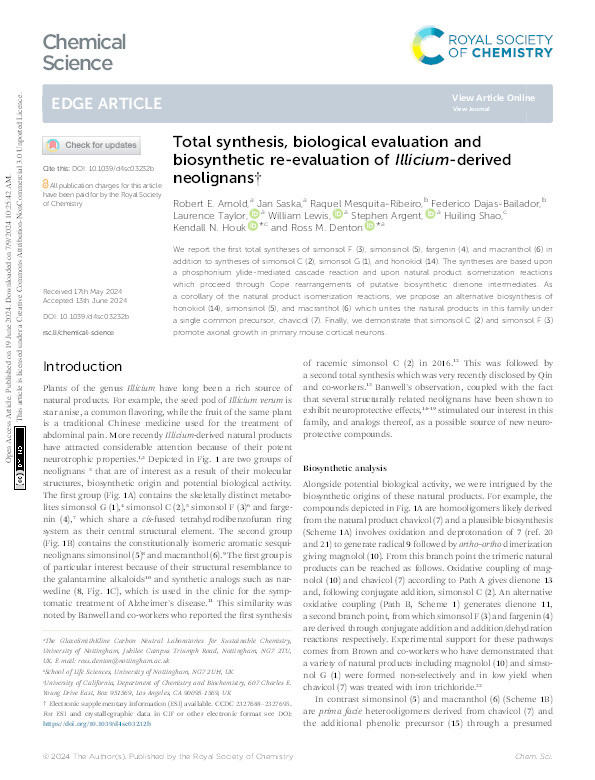 Total synthesis, biological evaluation and biosynthetic re-evaluation of Illicium-derived neolignans Thumbnail