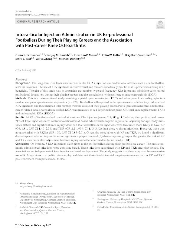 Intra-articular Injection Administration in UK Ex-professional Footballers During Their Playing Careers and the Association with Post-career Knee Osteoarthritis Thumbnail