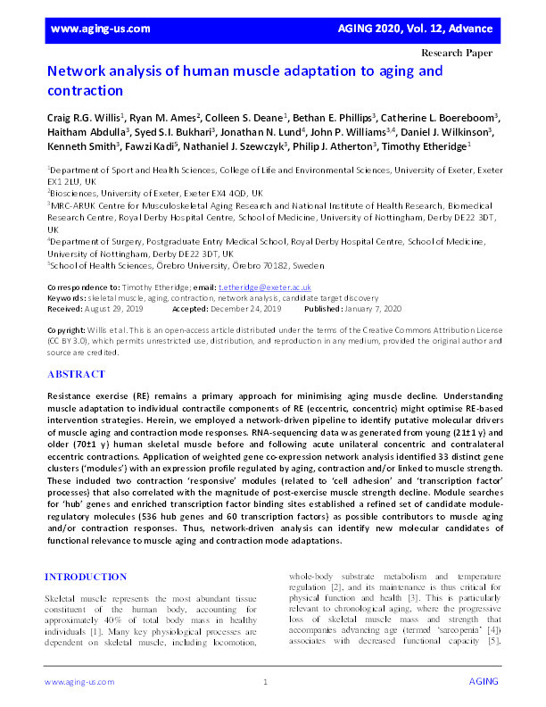 Network analysis of human muscle adaptation to aging and contraction Thumbnail