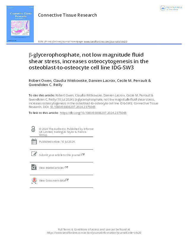 β-glycerophosphate, not low magnitude fluid shear stress, increases osteocytogenesis in the osteoblast-to-osteocyte cell line IDG-SW3 Thumbnail