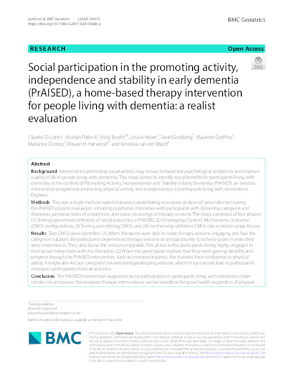 Social participation in the promoting activity, independence and stability in early dementia (PrAISED), a home-based therapy intervention for people living with dementia: a realist evaluation Thumbnail