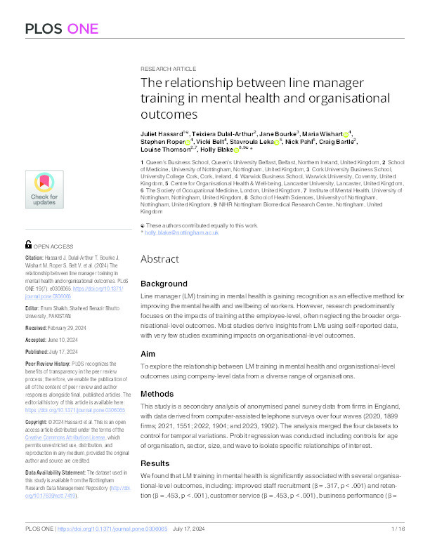 The relationship between line manager training in mental health and organisational outcomes Thumbnail