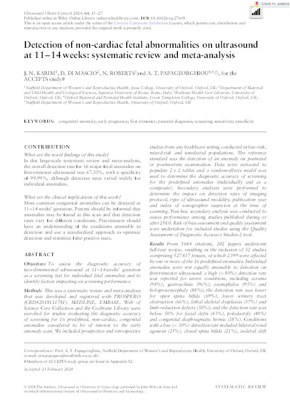 Detection of non-cardiac fetal abnormalities on ultrasound at 11–14 weeks: systematic review and meta-analysis Thumbnail