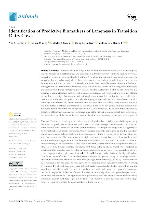 Identification of Predictive Biomarkers of Lameness in Transition Dairy Cows Thumbnail