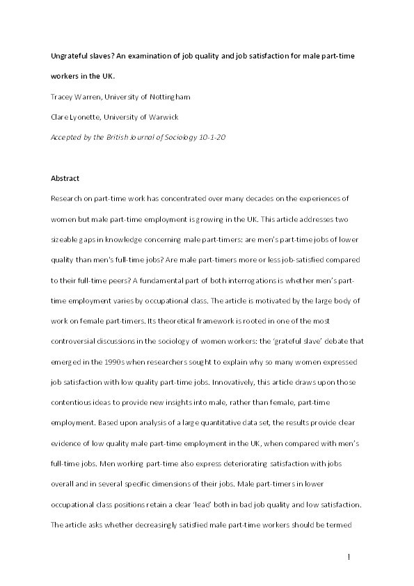 Ungrateful slaves? An examination of job quality and job satisfaction for male part‐time workers in the UK Thumbnail