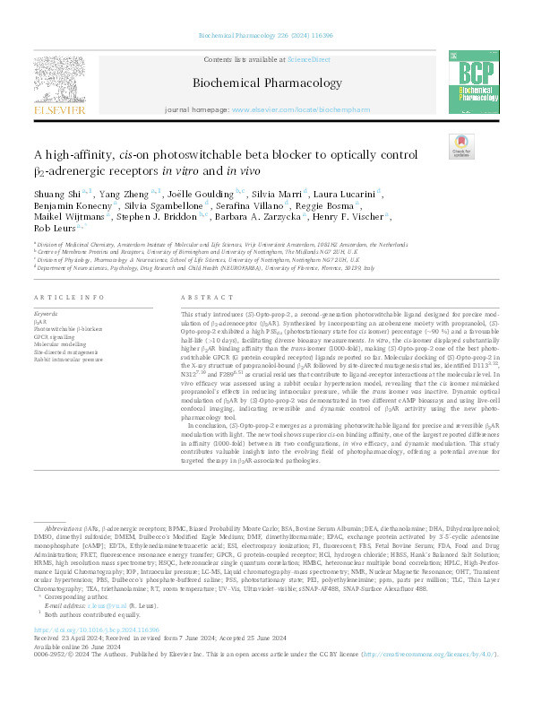 A high-affinity, cis-on photoswitchable beta blocker to optically control β2-adrenergic receptors in vitro and in vivo Thumbnail