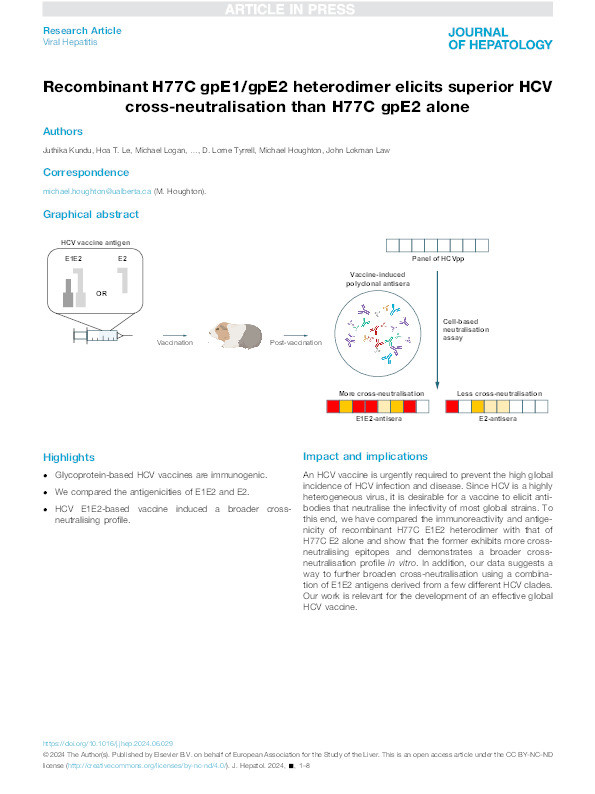 Recombinant H77C gpE1/gpE2 heterodimer elicits superior HCV cross-neutralisation than H77C gpE2 alone Thumbnail