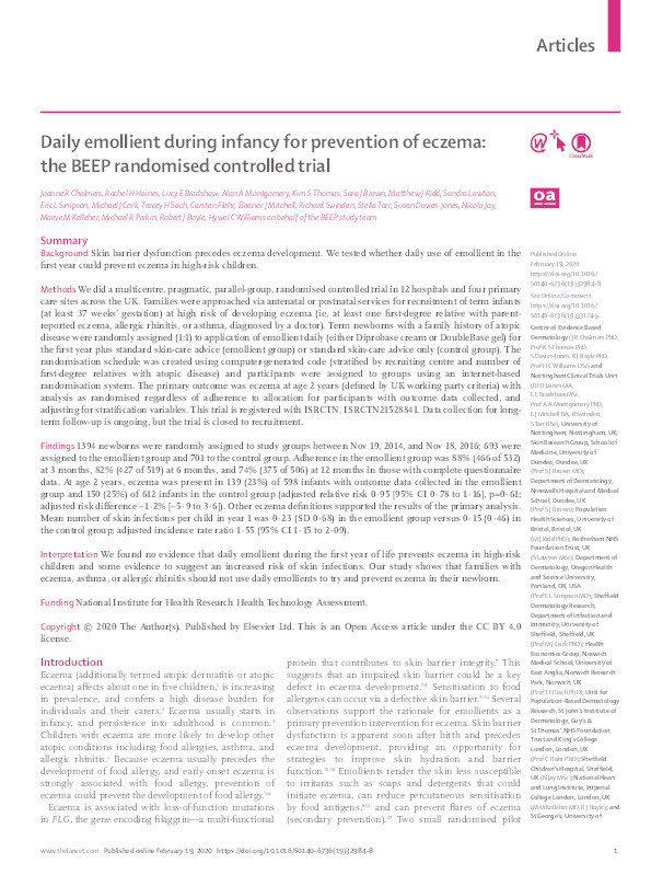 Daily emollient during infancy for prevention of eczema: the BEEP randomised controlled trial Thumbnail