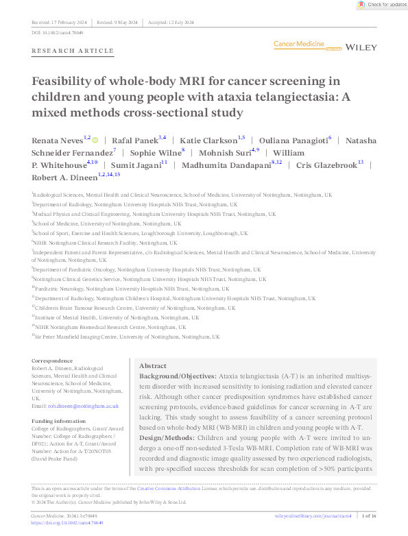 Feasibility of whole-body MRI for cancer screening in children and young people with ataxia telangiectasia: A mixed methods cross-sectional study Thumbnail