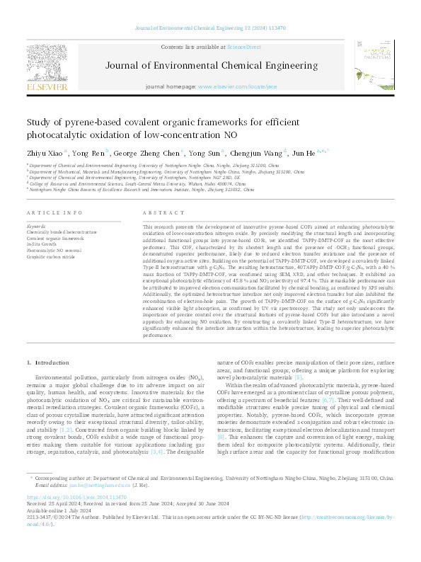 Study of pyrene-based covalent organic frameworks for efficient photocatalytic oxidation of low-concentration NO Thumbnail