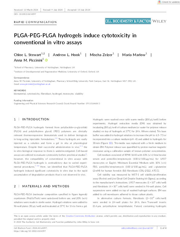 PLGA-PEG-PLGA hydrogels induce cytotoxicity in conventional in vitro assays Thumbnail