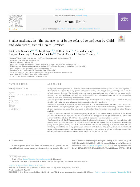 Snakes and Ladders: The experience of being referred to and seen by Child and Adolescent Mental Health Services Thumbnail