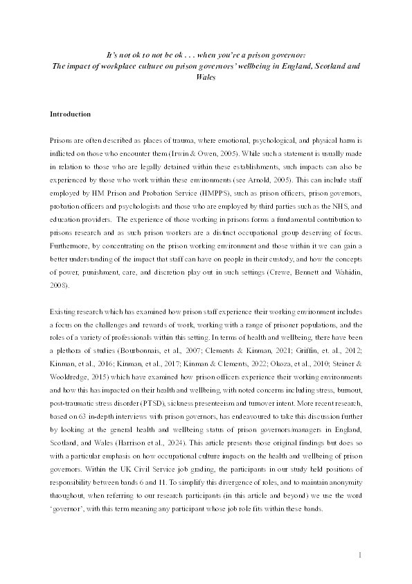 It’s not ok to not be ok . . . when you’re a prison governor: The impact of workplace culture on prison governors’ wellbeing in England, Scotland and Wales Thumbnail